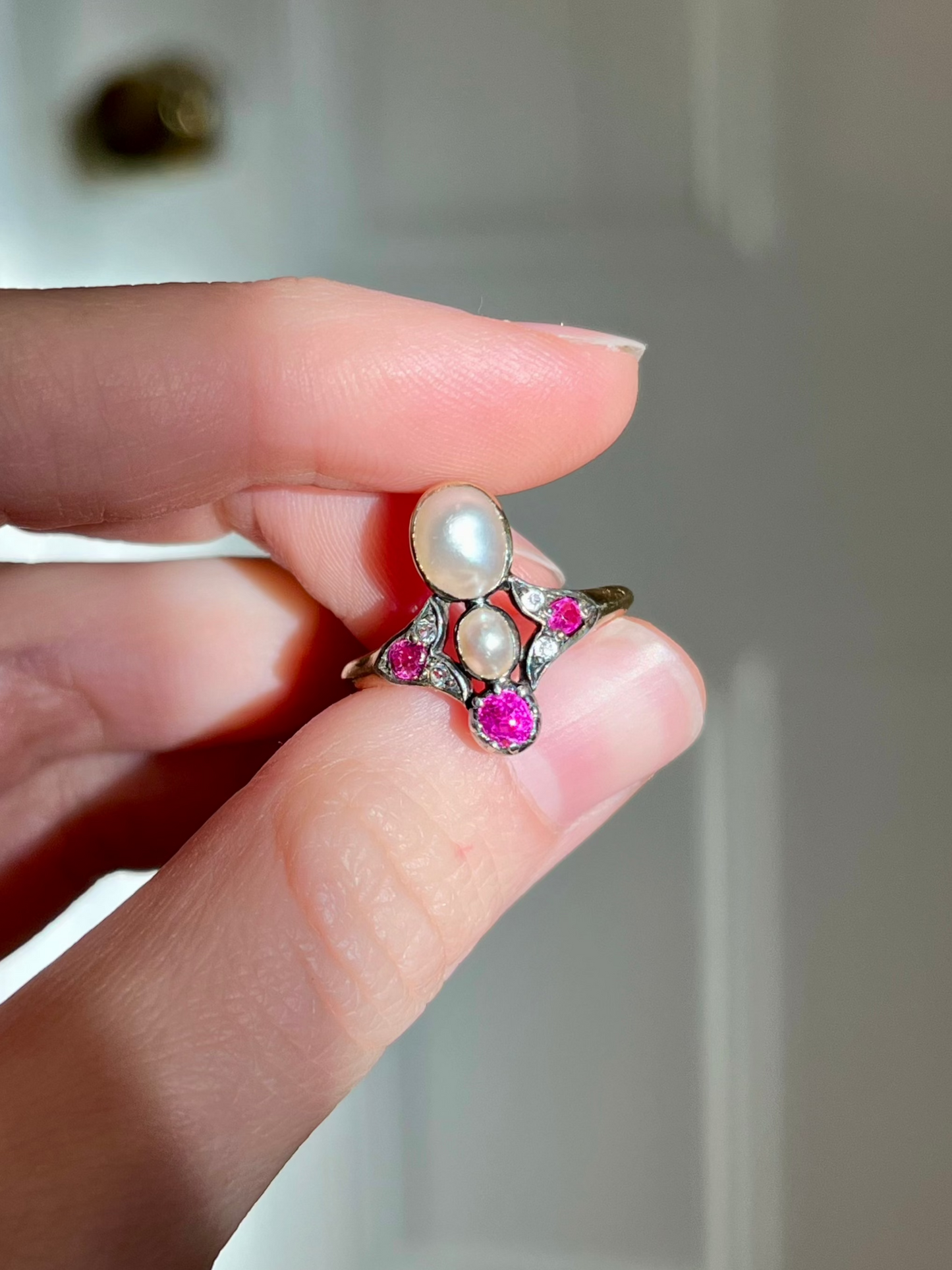 Antique Tiara Ring with Natural Mabe Pearls, Pink Sapphires and Pastes