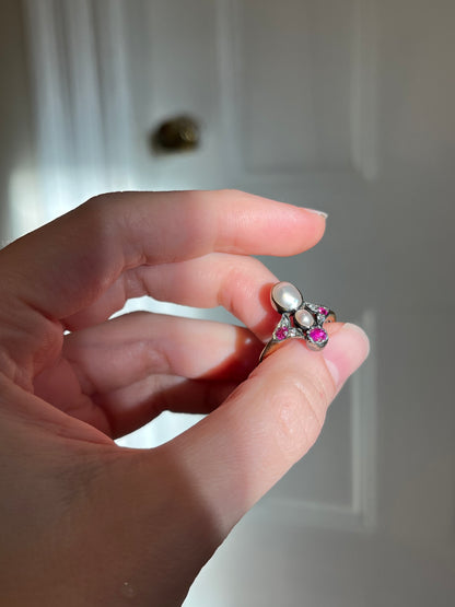 Antique Tiara Ring with Natural Mabe Pearls, Pink Sapphires and Pastes