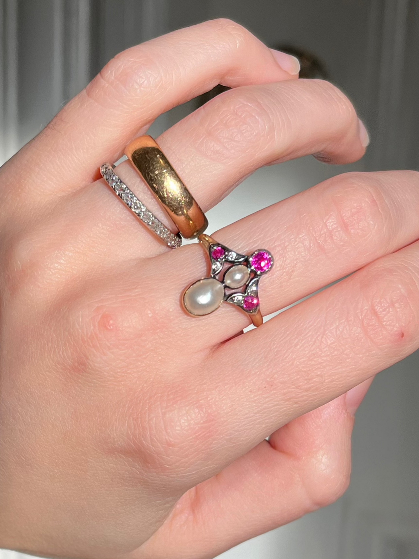 Antique Tiara Ring with Natural Mabe Pearls, Pink Sapphires and Pastes