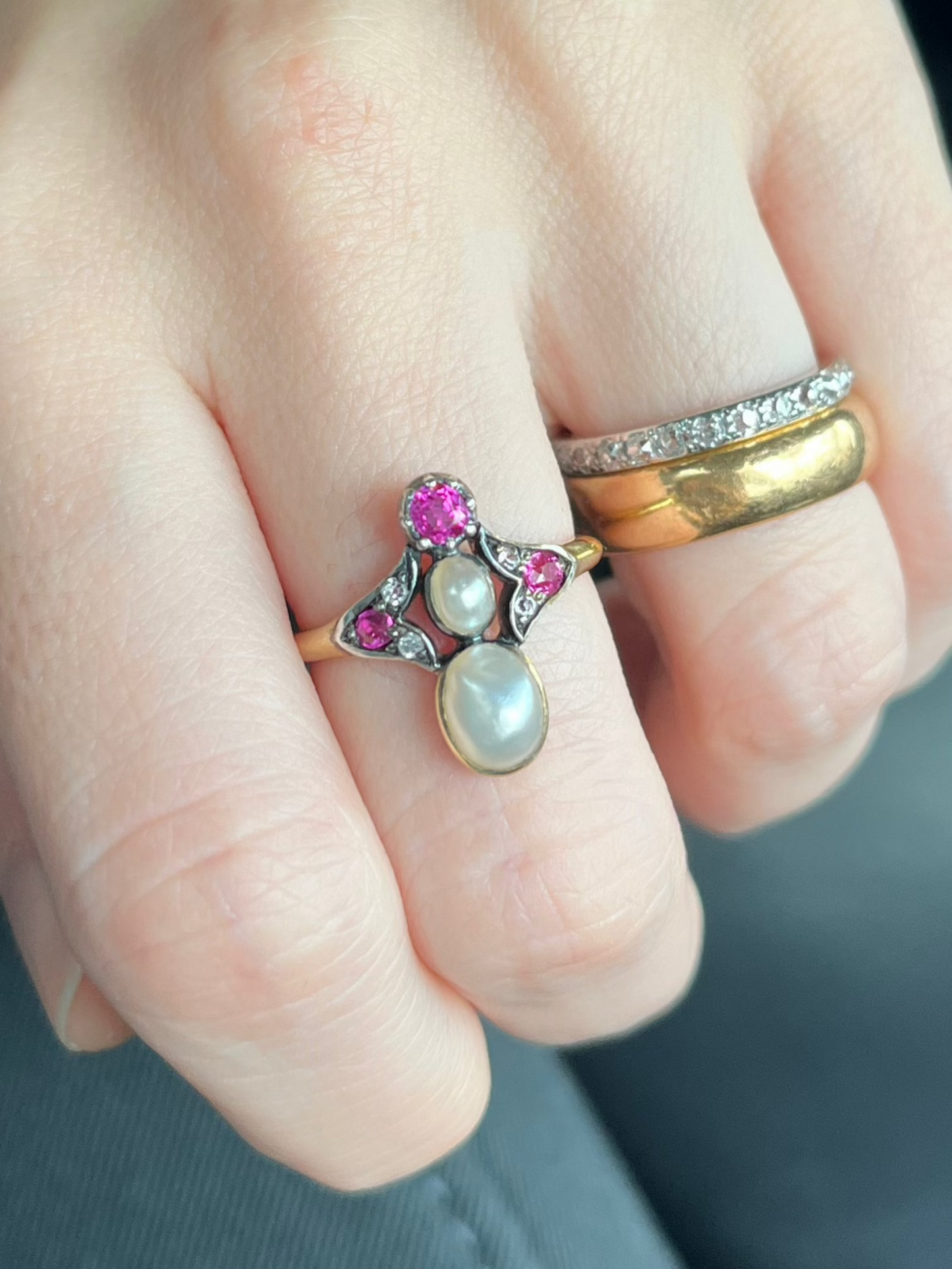 Antique Tiara Ring with Natural Mabe Pearls, Pink Sapphires and Pastes