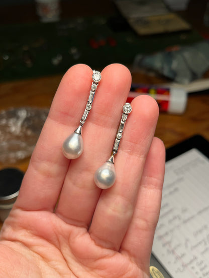 Art Deco Platinum, Pearl and Diamond Drop Earrings