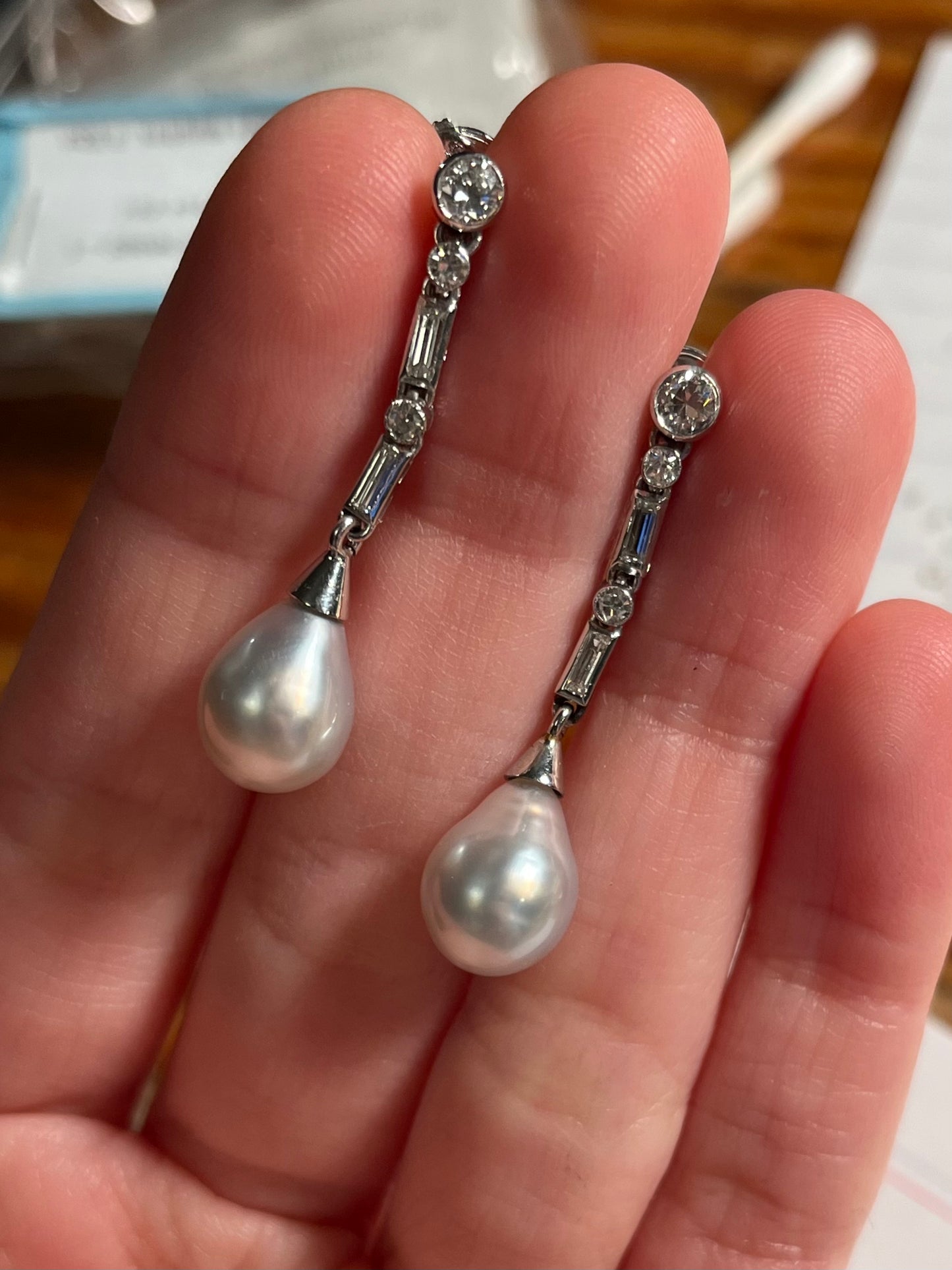 Art Deco Platinum, Pearl and Diamond Drop Earrings
