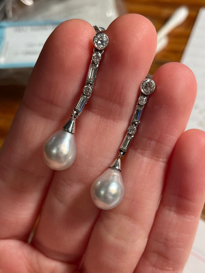 Art Deco Platinum, Pearl and Diamond Drop Earrings