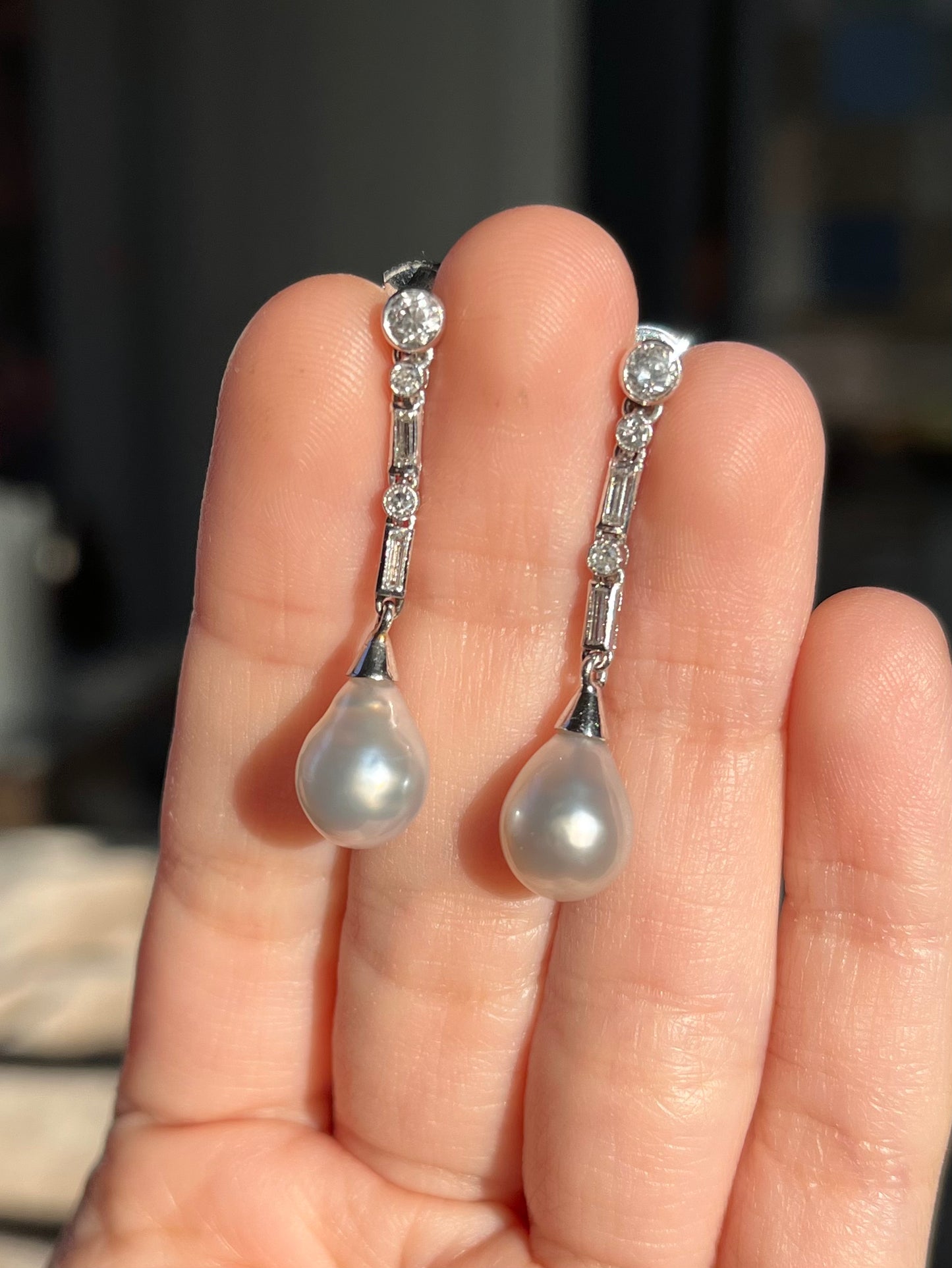 Art Deco Platinum, Pearl and Diamond Drop Earrings