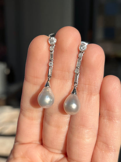 Art Deco Platinum, Pearl and Diamond Drop Earrings