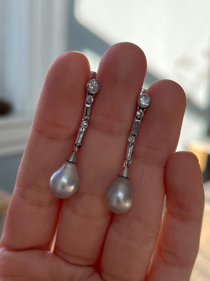 Art Deco Platinum, Pearl and Diamond Drop Earrings