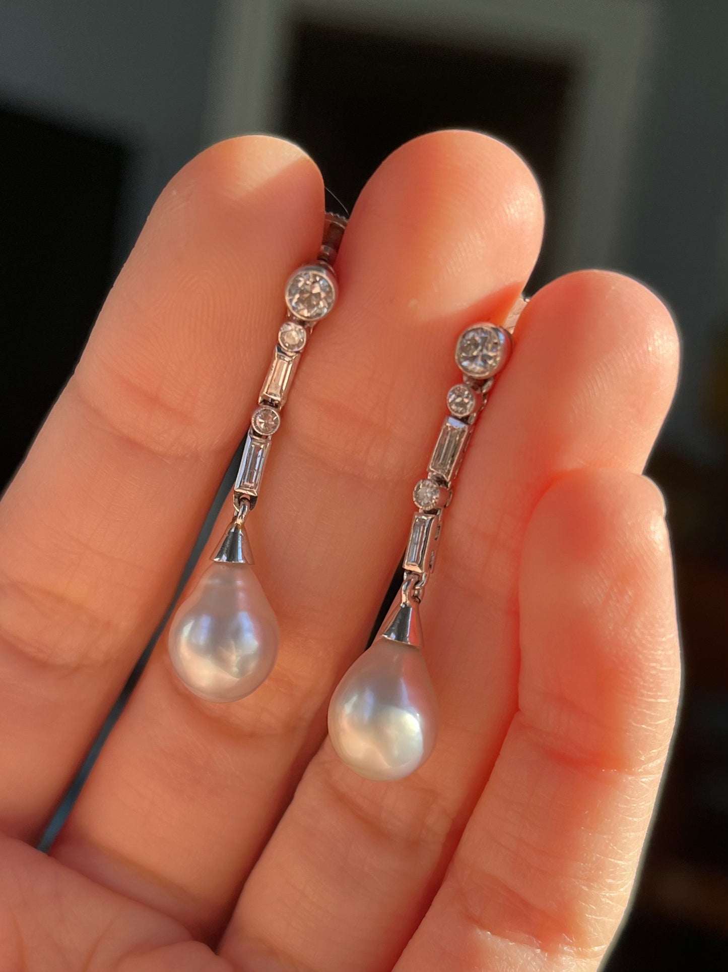 Art Deco Platinum, Pearl and Diamond Drop Earrings