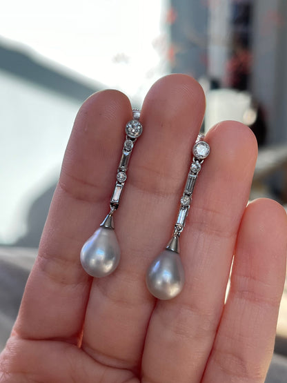 Art Deco Platinum, Pearl and Diamond Drop Earrings