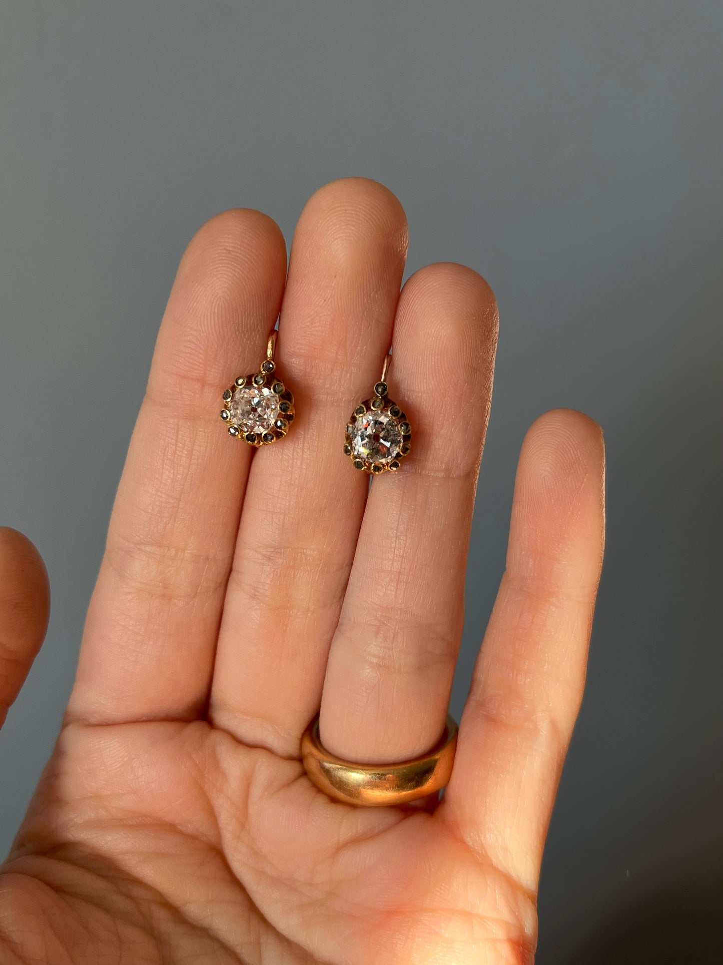 Antique Old Mine Cut Diamond Dormeuse Earrings with Rose-Cut Accents