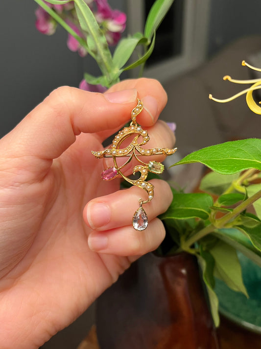 Antique Art Nouveau Lavalier in 15K Gold, with Peridot, Tourmaline, Topaz and Seed Pearls