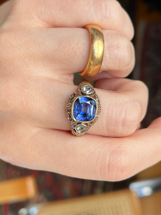 Antique Lab Sapphire and Rose-Cut Diamond Ring