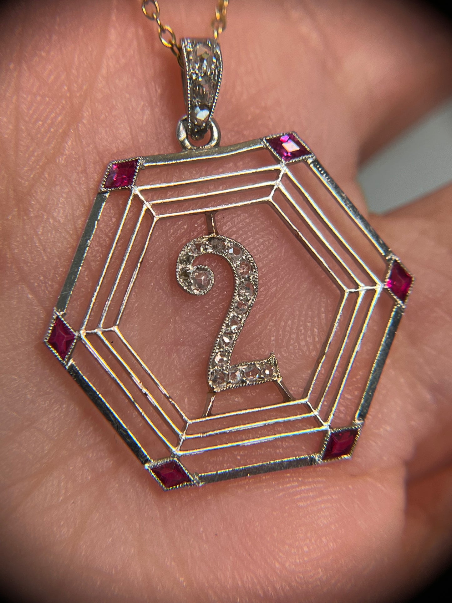 Antique French Platinum "Two" Pendant with Rose Cut Diamonds