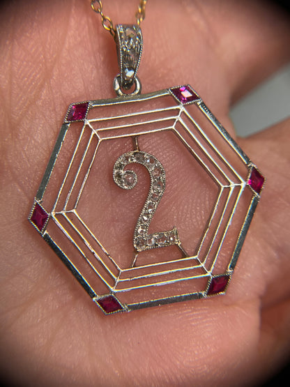 Antique French Platinum "Two" Pendant with Rose Cut Diamonds