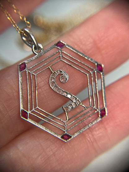 Antique French Platinum "Two" Pendant with Rose Cut Diamonds