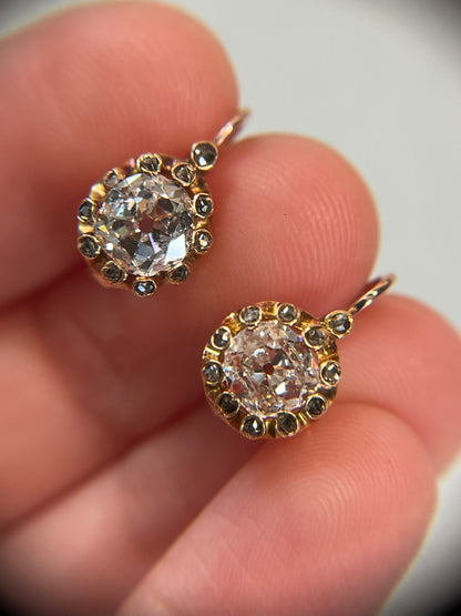 Antique Old Mine Cut Diamond Dormeuse Earrings with Rose-Cut Accents