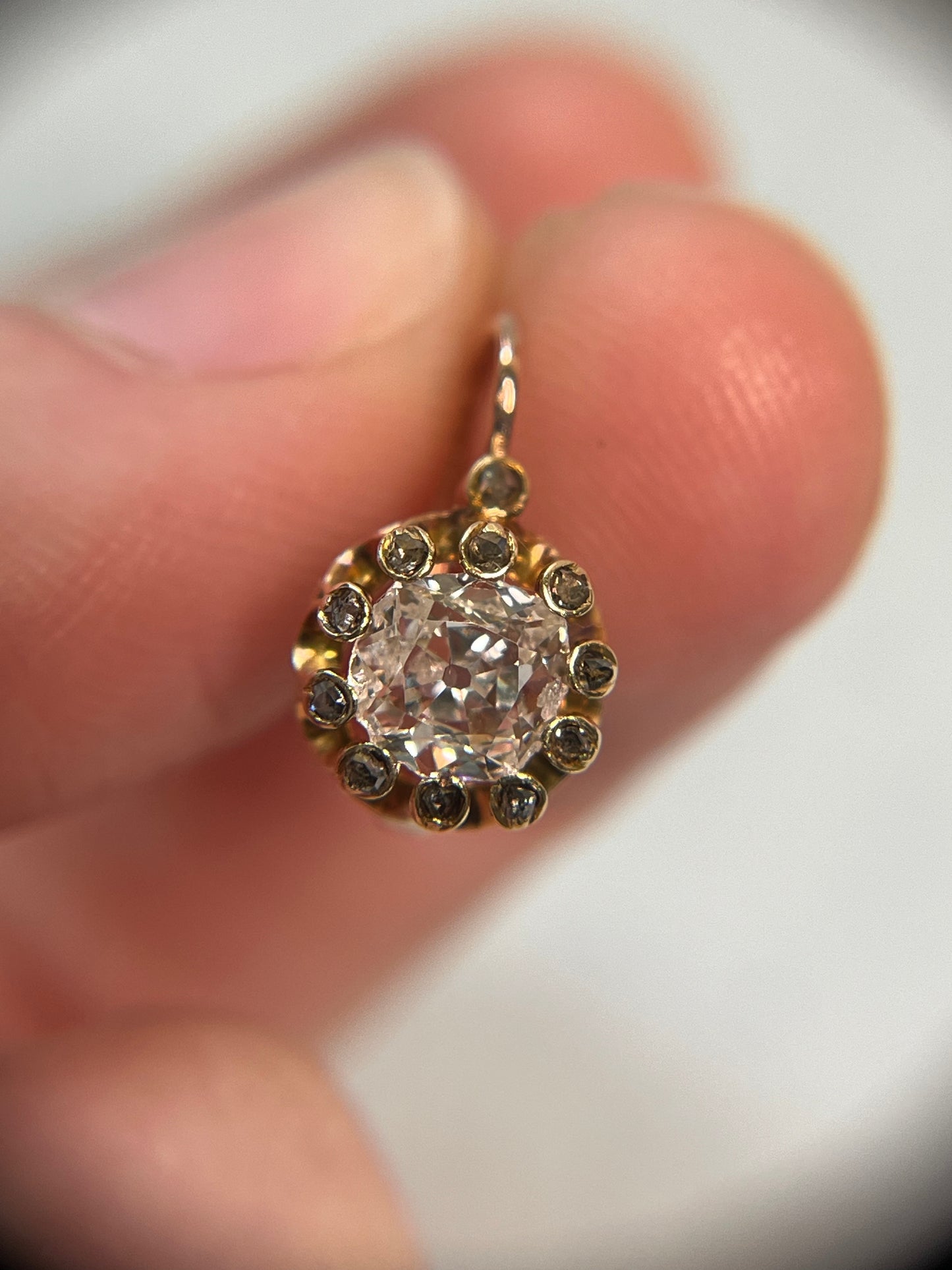 Antique Old Mine Cut Diamond Dormeuse Earrings with Rose-Cut Accents