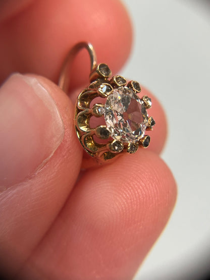 Antique Old Mine Cut Diamond Dormeuse Earrings with Rose-Cut Accents