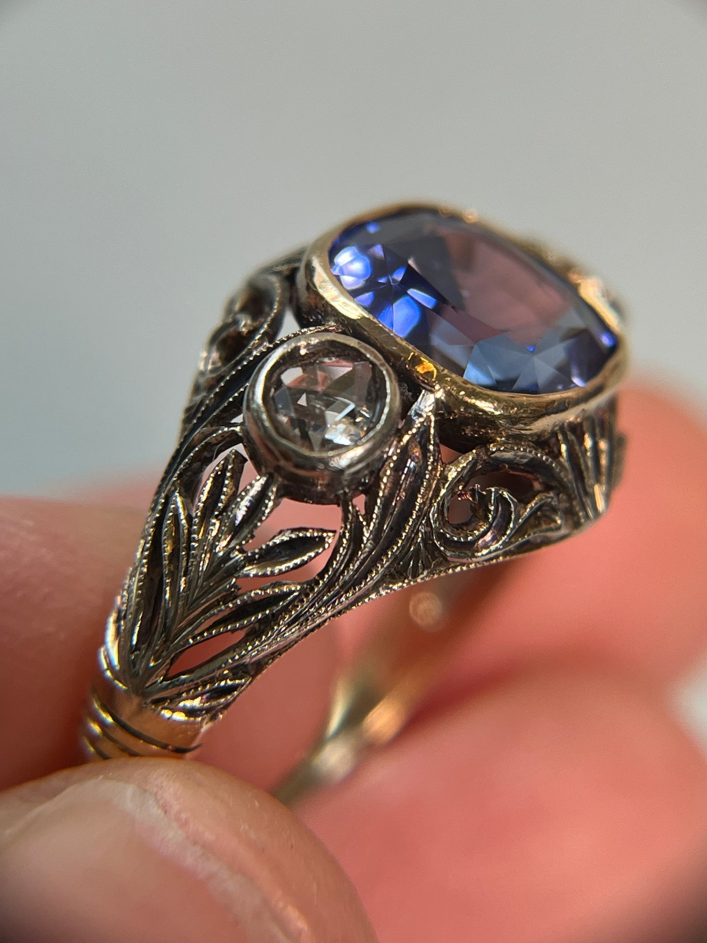 Antique Lab Sapphire and Rose-Cut Diamond Ring