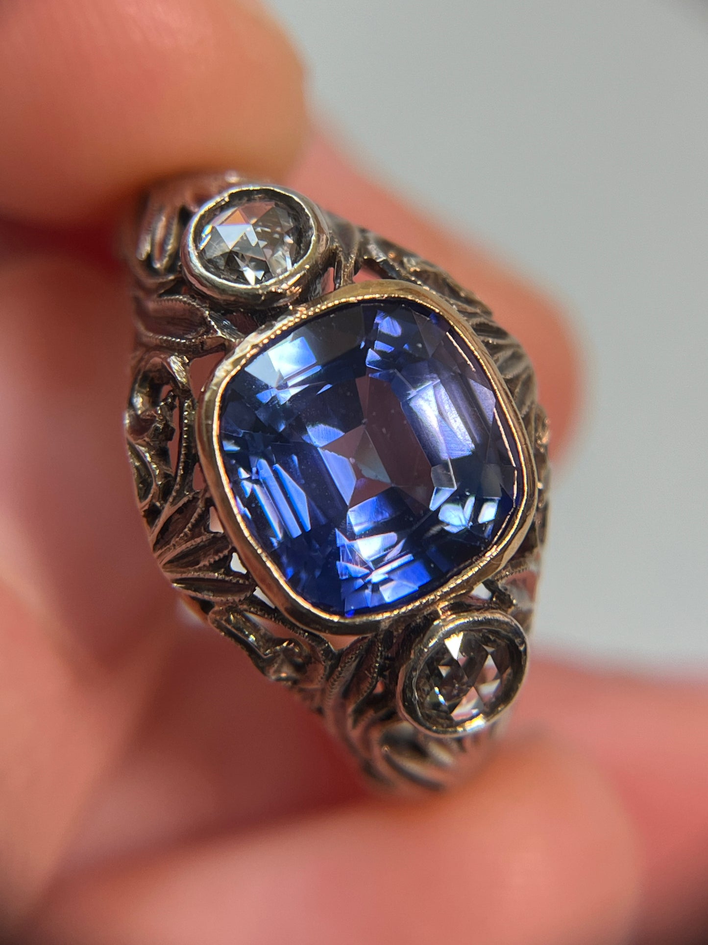 Antique Lab Sapphire and Rose-Cut Diamond Ring