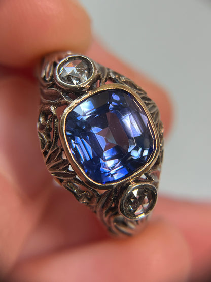 Antique Lab Sapphire and Rose-Cut Diamond Ring