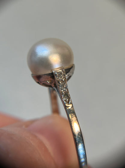 Antique Natural Saltwater Pearl Ring in Platinum with Diamonds