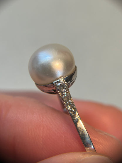 Antique Natural Saltwater Pearl Ring in Platinum with Diamonds