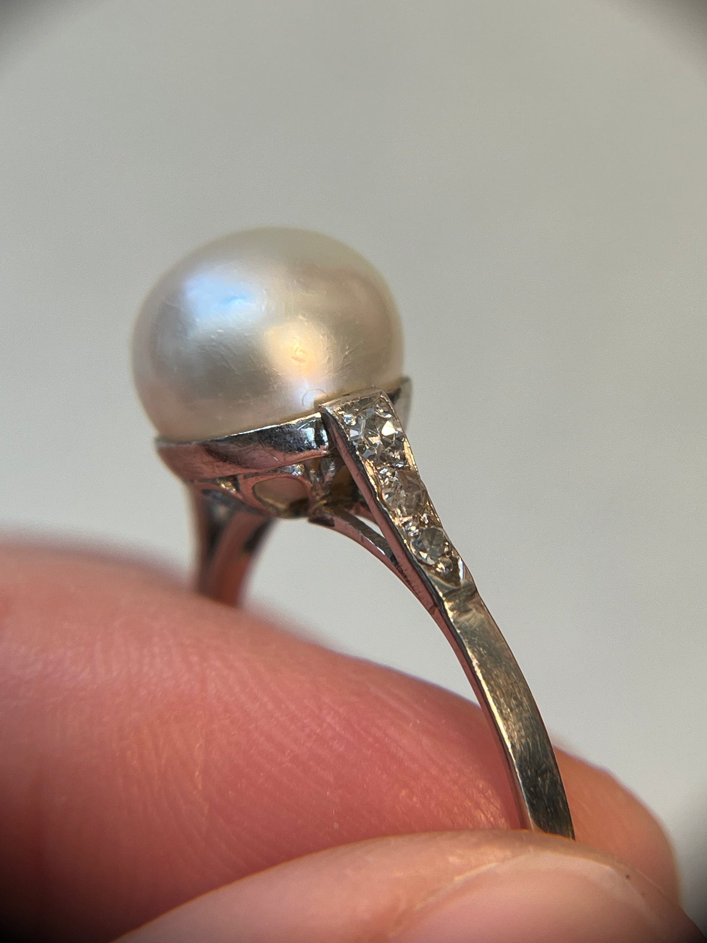 Antique Natural Saltwater Pearl Ring in Platinum with Diamonds