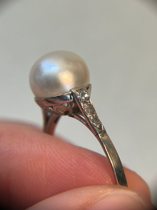 Antique Natural Saltwater Pearl Ring in Platinum with Diamonds