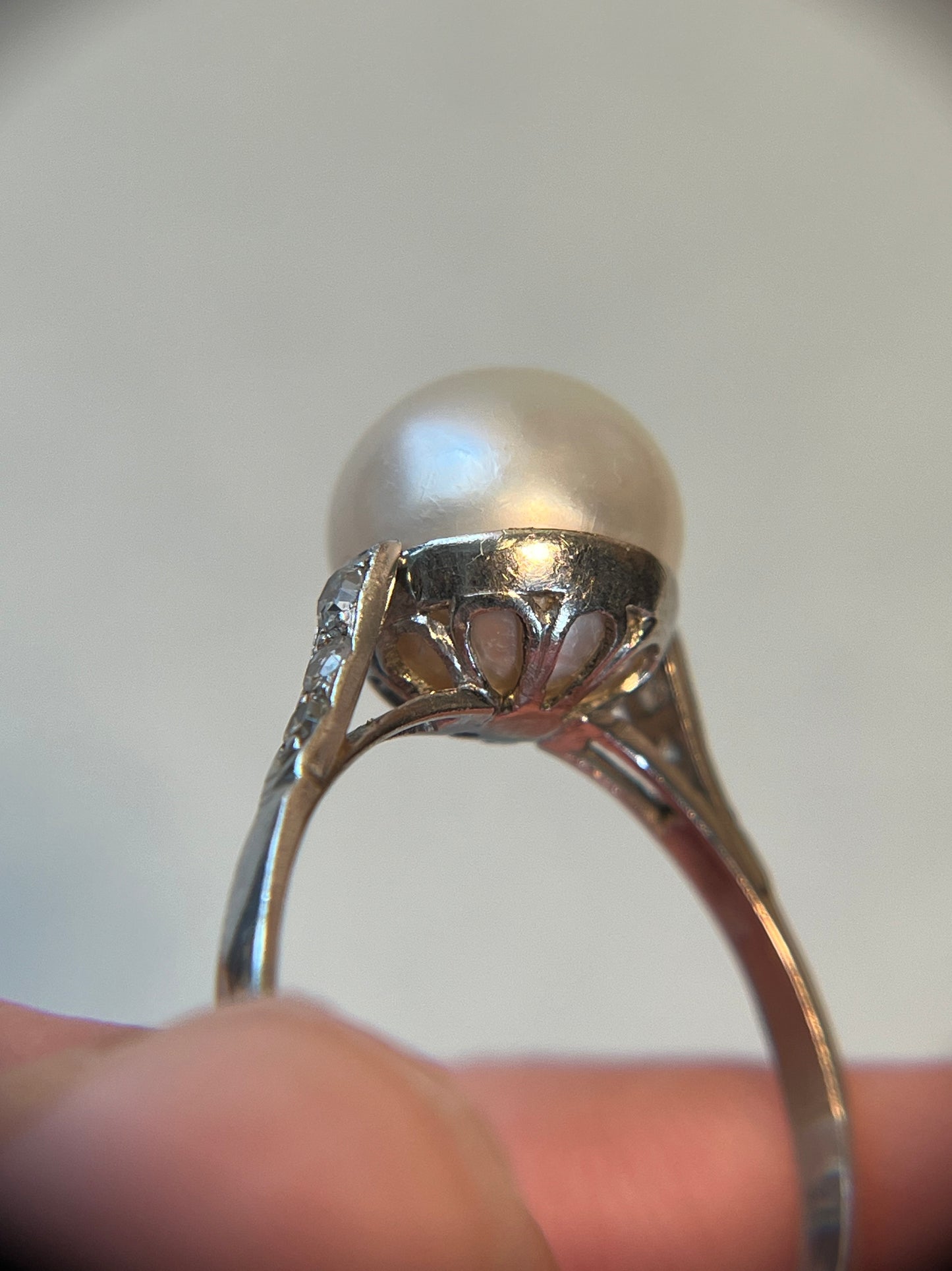 Antique Natural Saltwater Pearl Ring in Platinum with Diamonds