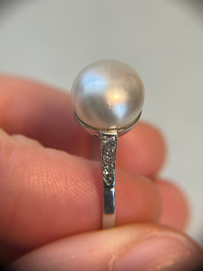 Antique Natural Saltwater Pearl Ring in Platinum with Diamonds