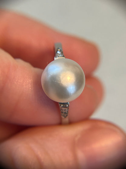 Antique Natural Saltwater Pearl Ring in Platinum with Diamonds