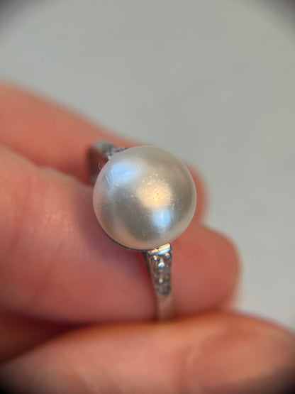 Antique Natural Saltwater Pearl Ring in Platinum with Diamonds