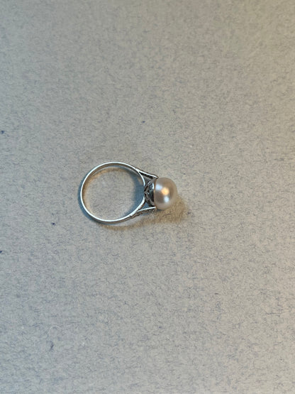 Antique Natural Saltwater Pearl Ring in Platinum with Diamonds