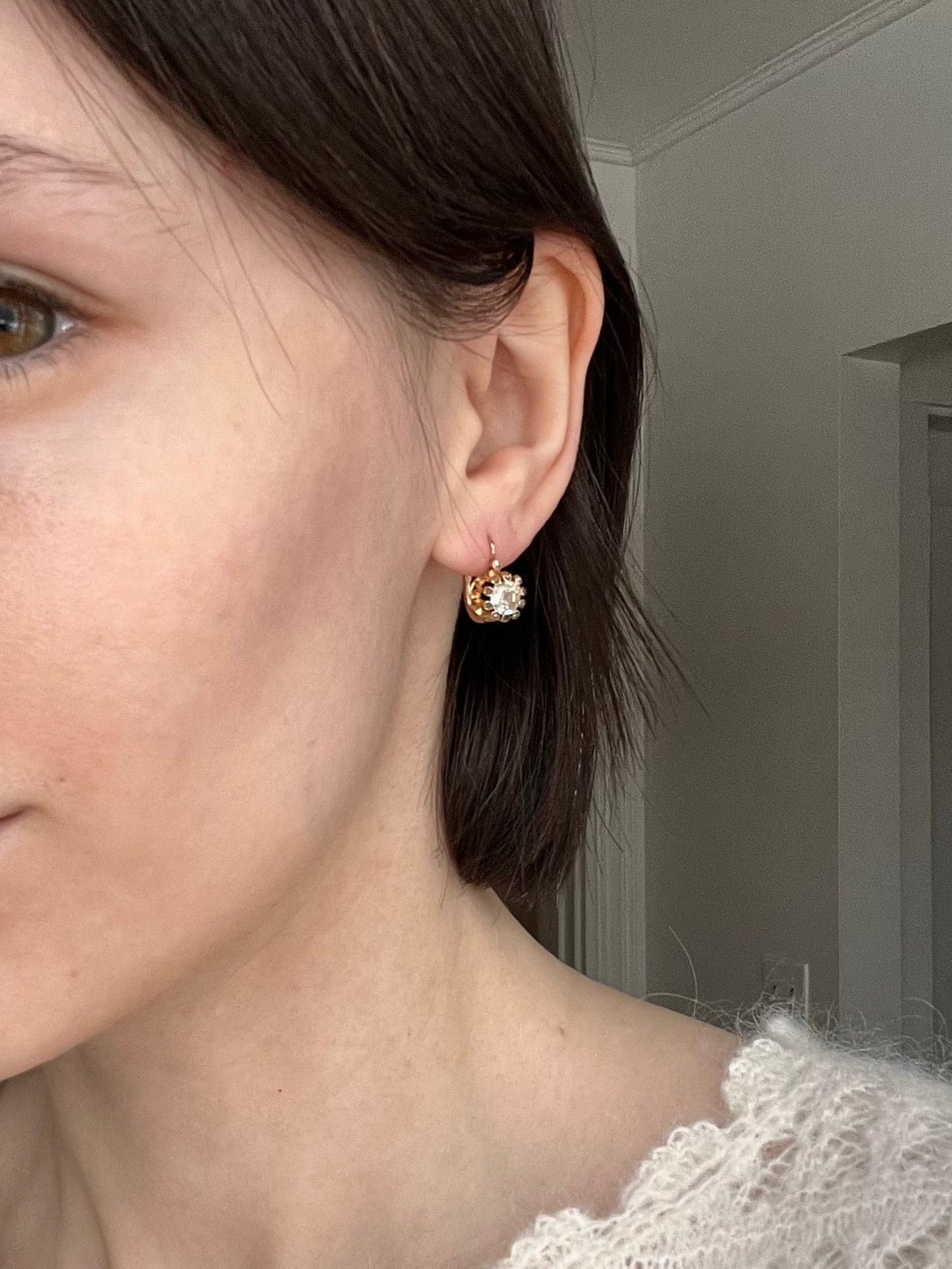 Antique Old Mine Cut Diamond Dormeuse Earrings with Rose-Cut Accents