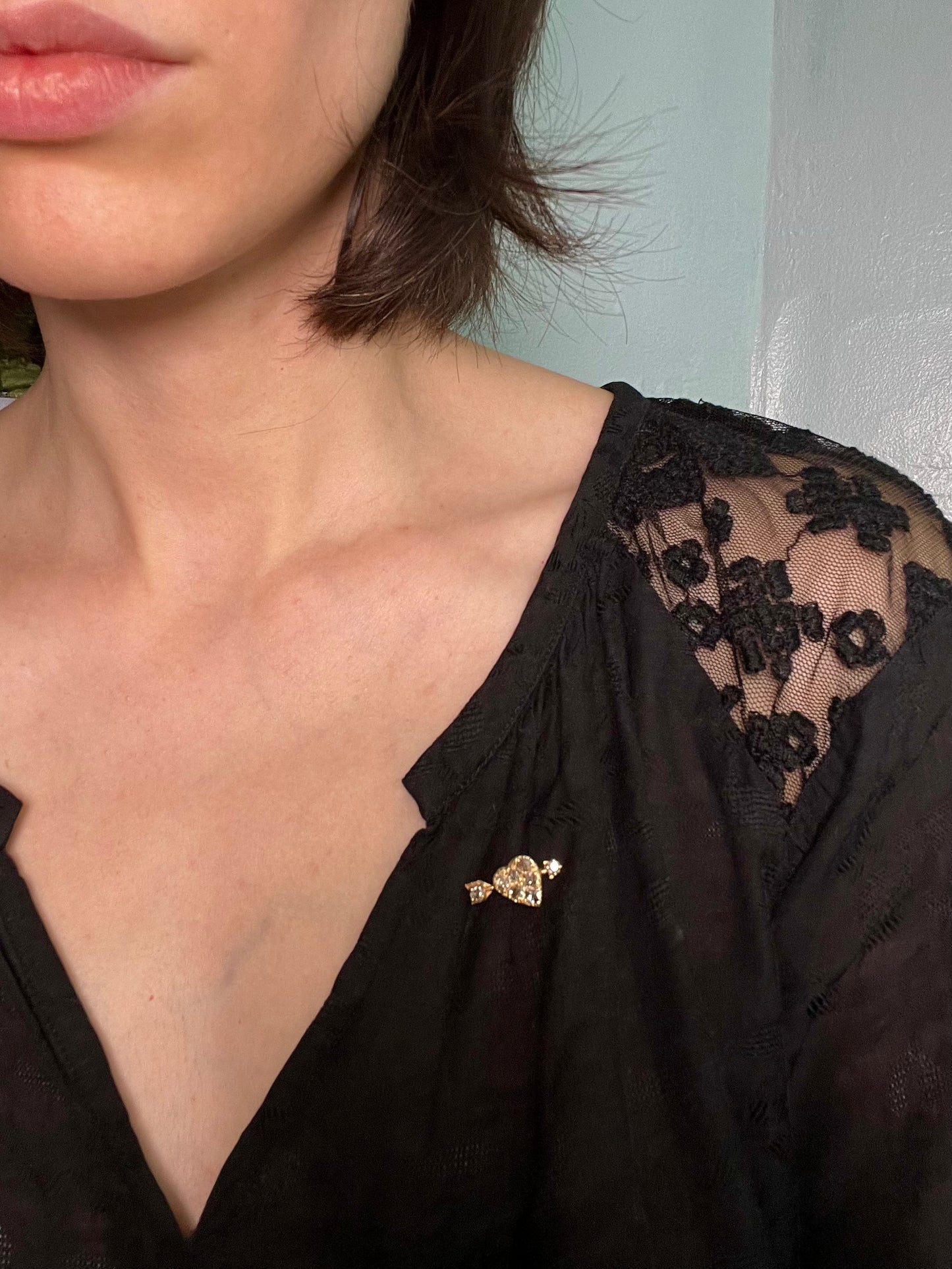 Antique Heart and Arrow Pin in 14K Gold with Old Mine Cut Diamonds