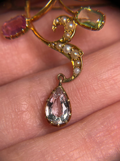 Antique Art Nouveau Lavalier in 15K Gold, with Peridot, Tourmaline, Topaz and Seed Pearls