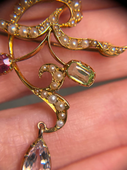 Antique Art Nouveau Lavalier in 15K Gold, with Peridot, Tourmaline, Topaz and Seed Pearls