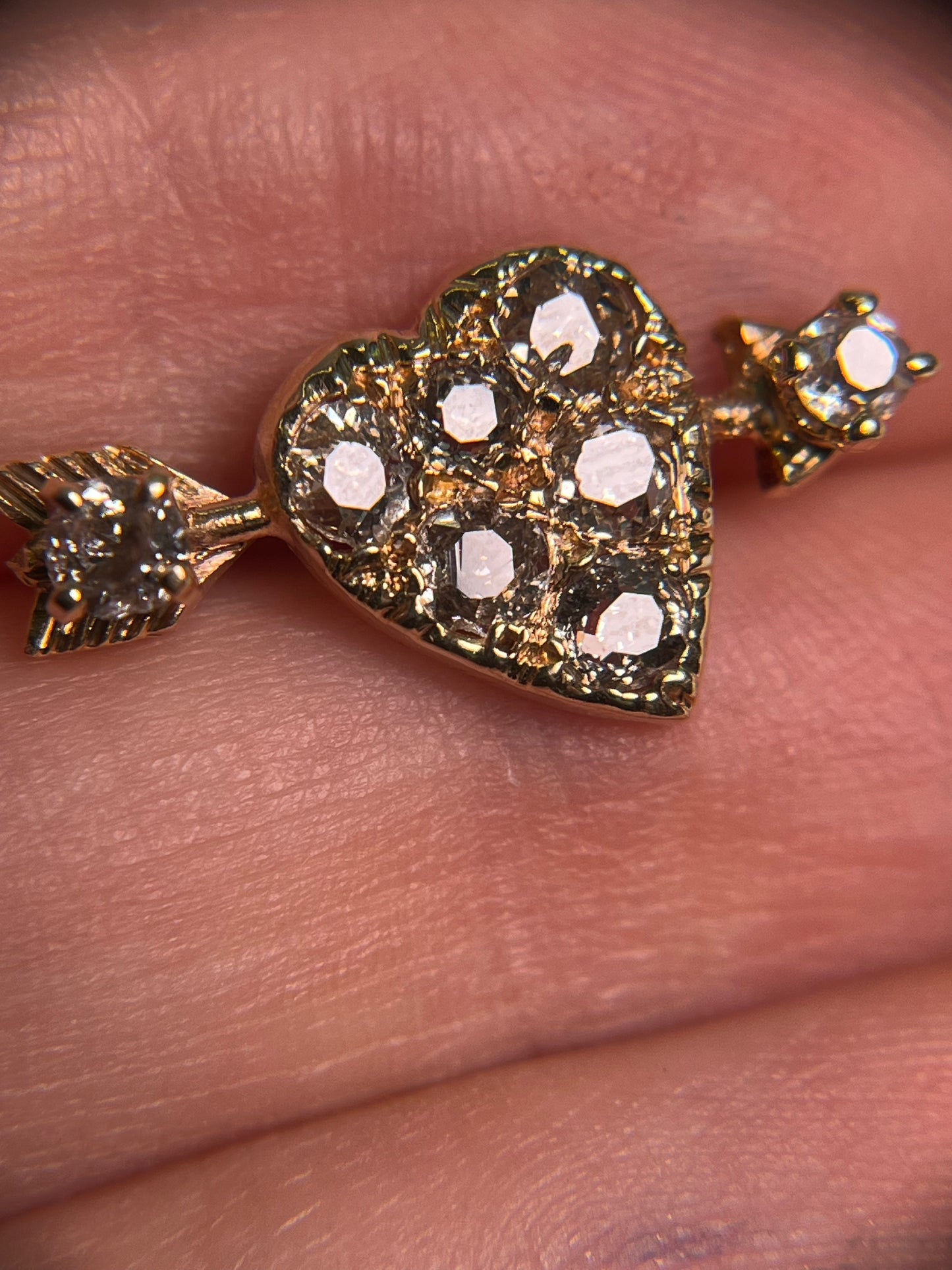 Antique Heart and Arrow Pin in 14K Gold with Old Mine Cut Diamonds