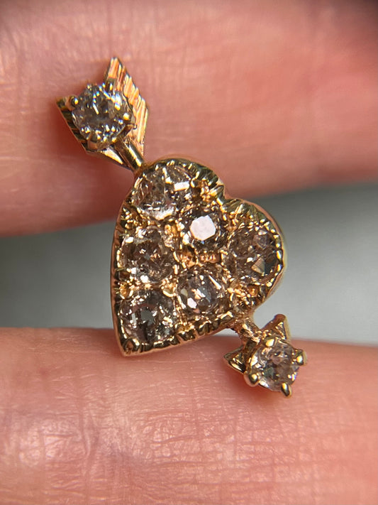 Antique Heart and Arrow Pin in 14K Gold with Old Mine Cut Diamonds