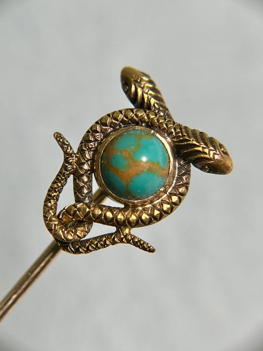 Antique Handmade 14K and Turquoise Snake Stickpin