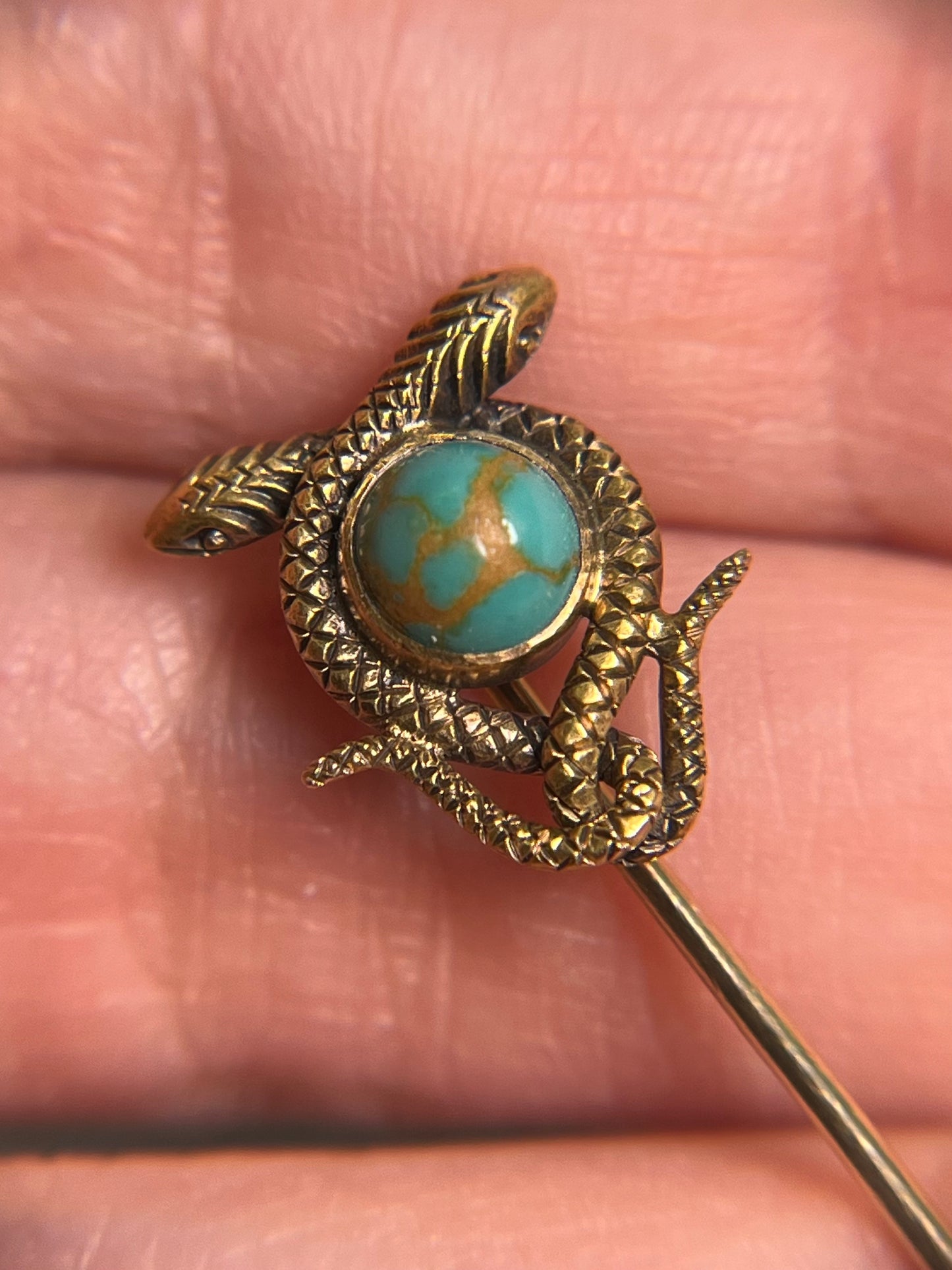Antique Handmade 14K and Turquoise Snake Stickpin
