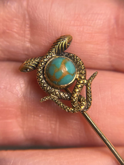Antique Handmade 14K and Turquoise Snake Stickpin