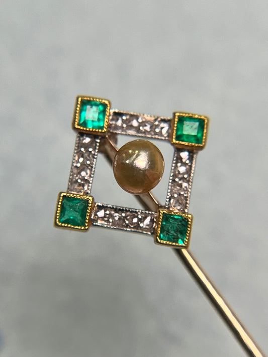 Antique Art Deco Stickpin in 14K and Platinum with Emeralds, Diamonds and Untested Pearl