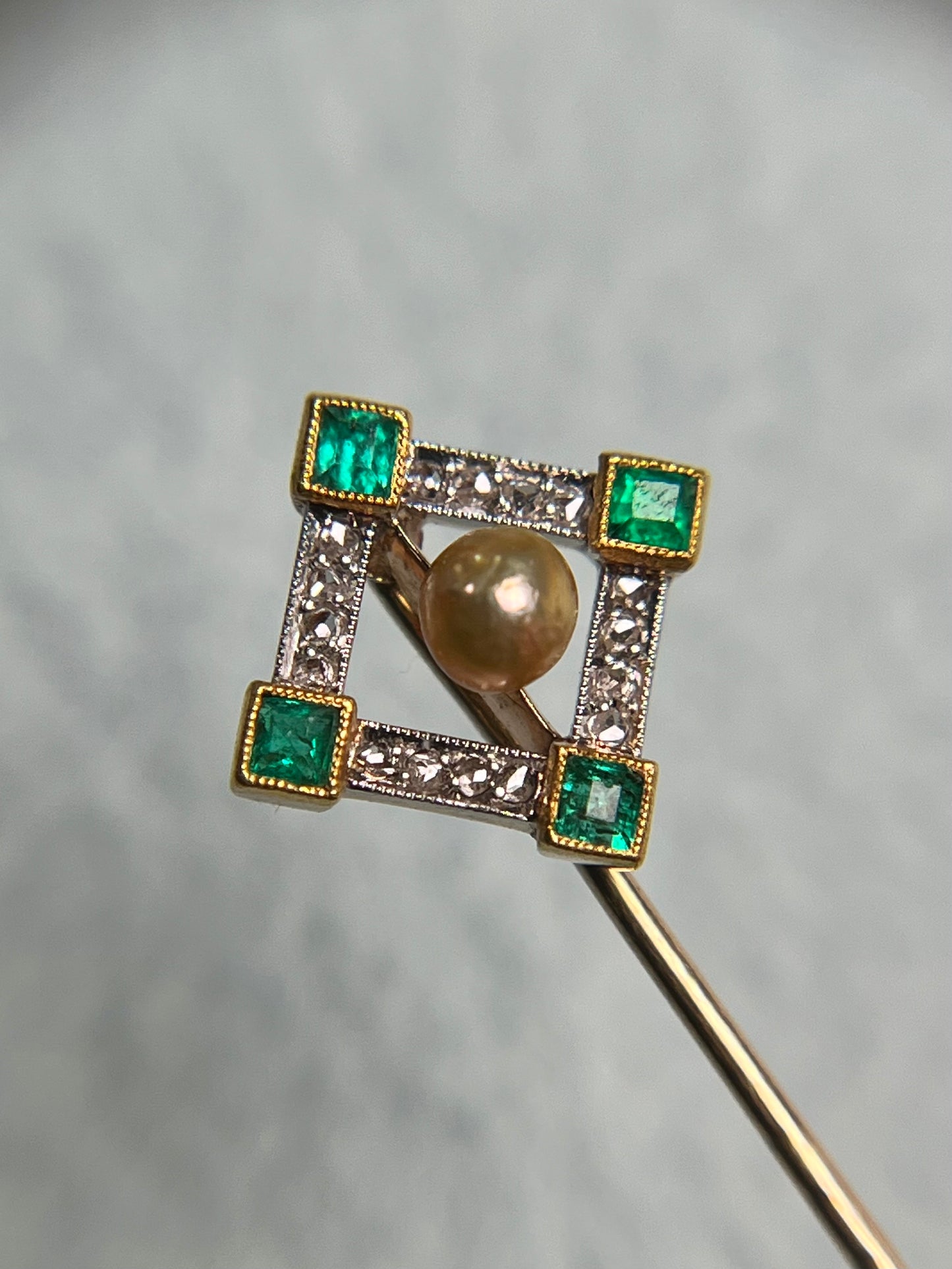 Antique Art Deco Stickpin in 14K and Platinum with Emeralds, Diamonds and Untested Pearl