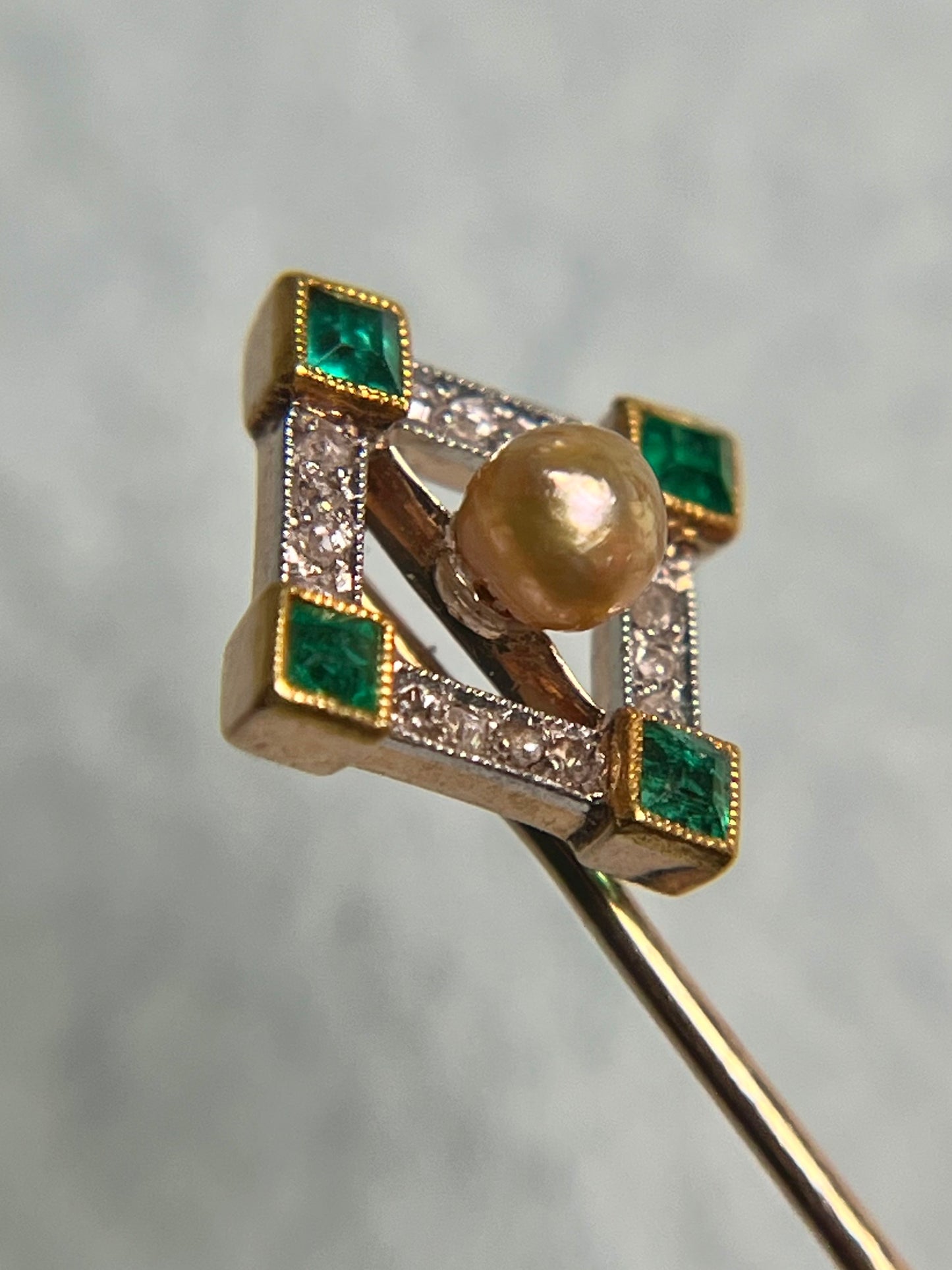 Antique Art Deco Stickpin in 14K and Platinum with Emeralds, Diamonds and Untested Pearl