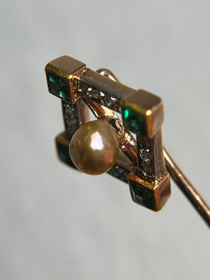 Antique Art Deco Stickpin in 14K and Platinum with Emeralds, Diamonds and Untested Pearl