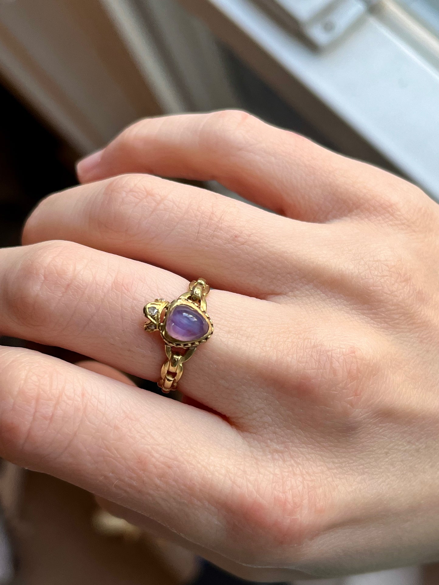 Antique Purple Star Sapphire and Diamond Crowned Heart Ring