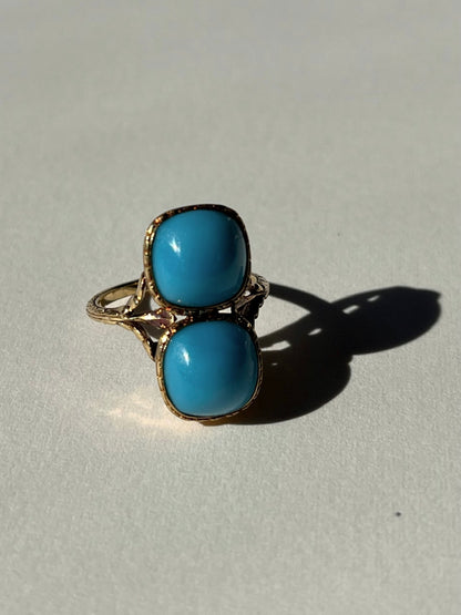 Antique 14K Yellow Gold Toi et Moi Ring with Blue Glass Cabochons