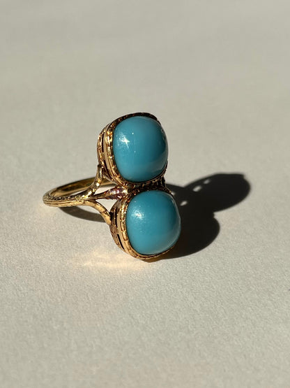 Antique 14K Yellow Gold Toi et Moi Ring with Blue Glass Cabochons