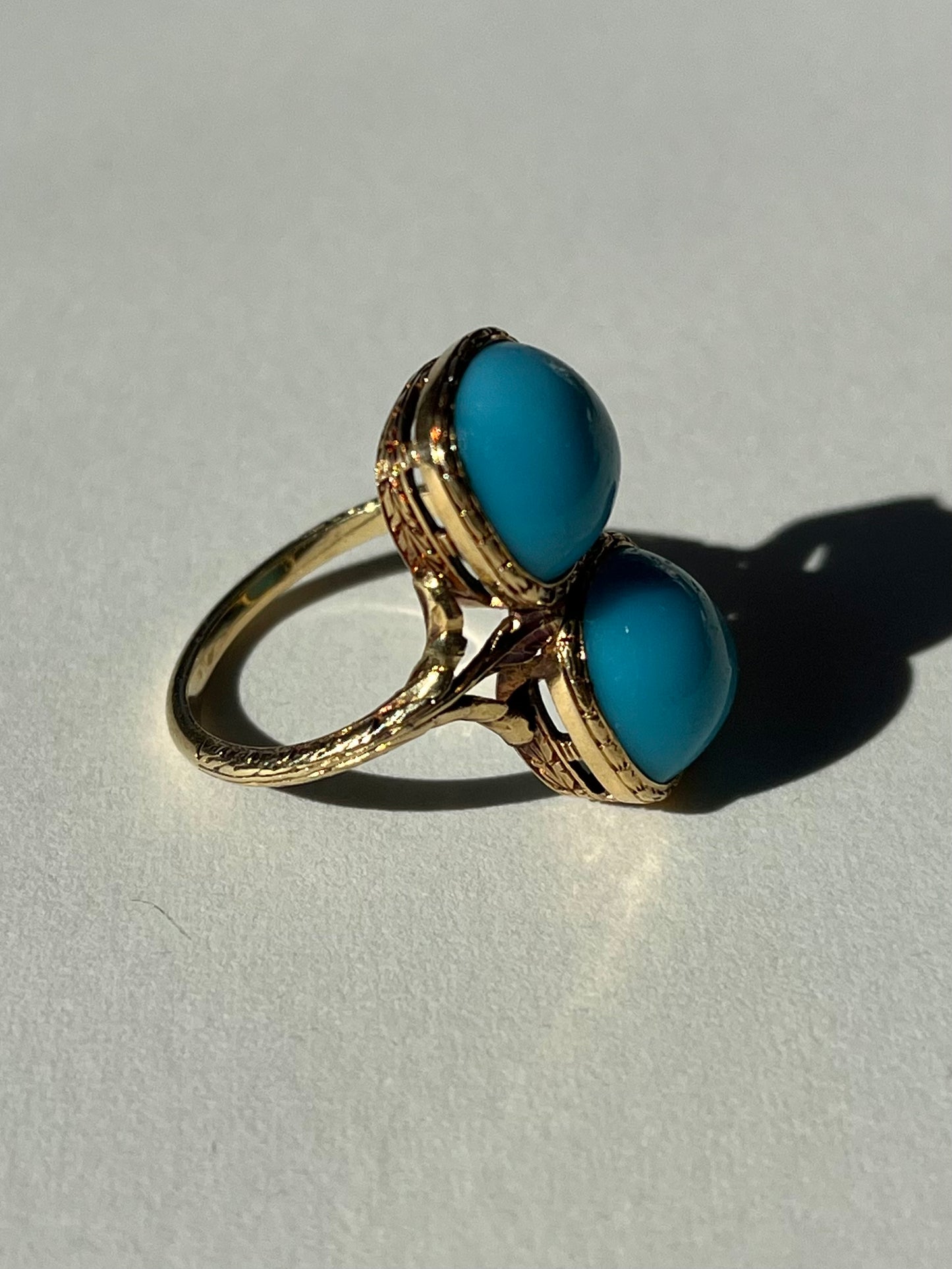 Antique 14K Yellow Gold Toi et Moi Ring with Blue Glass Cabochons